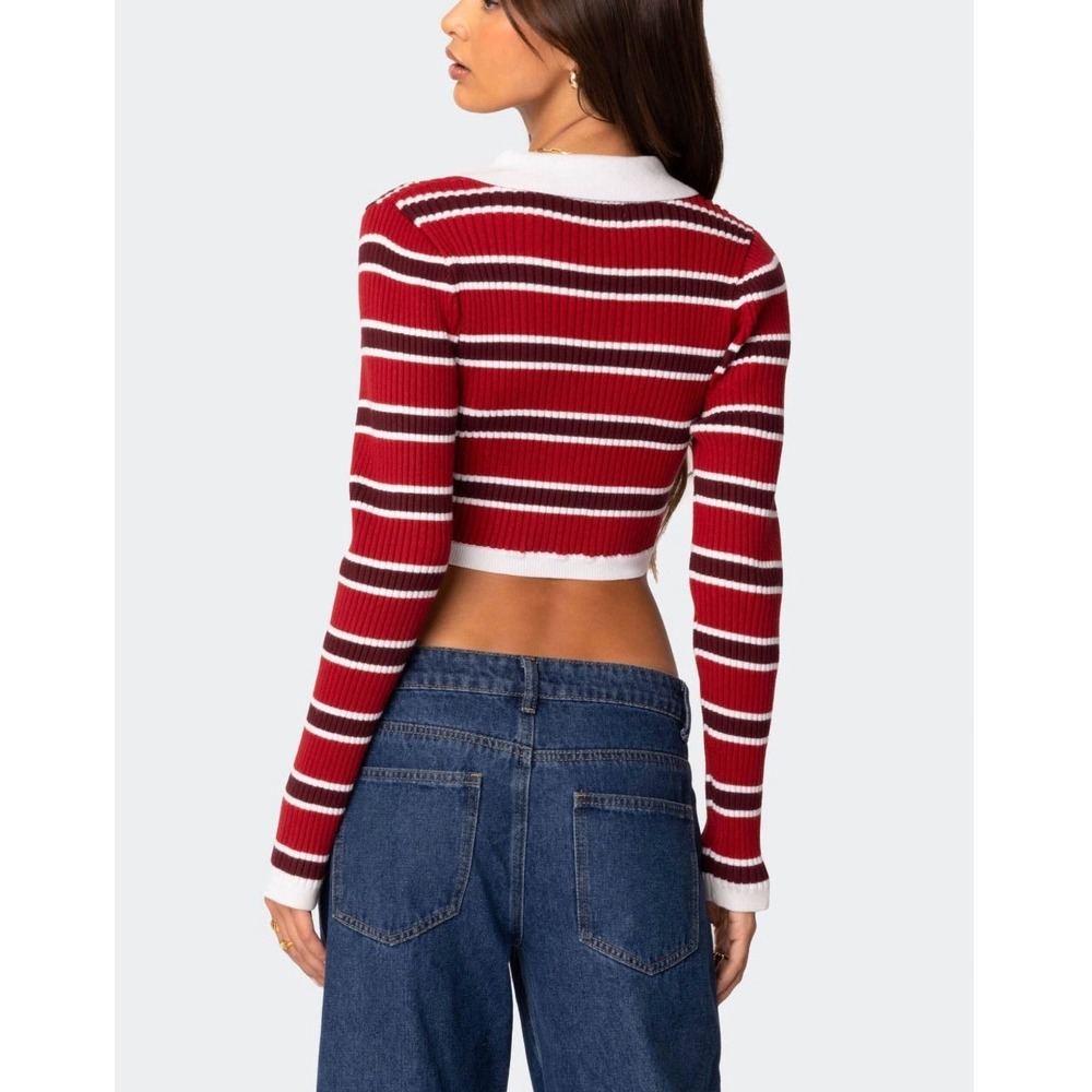 Edikted Striped Crop Top Womens S Red Ribbed Polo Y2K Retro Preppy Academia - Picture 4 of 12